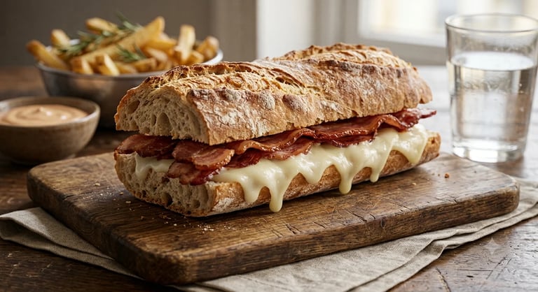 Gourmet sandwich with melted cheese and bacon on crusty bread, served on wooden board with fries and water glass