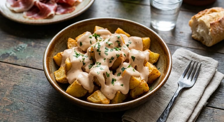 Bowl of golden fried potatoes topped with creamy sauce and herbs, served at a table with bread, cured meat, and glassware