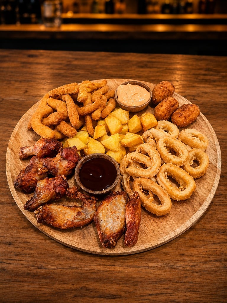 Wooden platter of fried appetizers including chicken nuggets, onion rings, calamari, potato wedges, and dipping sauces